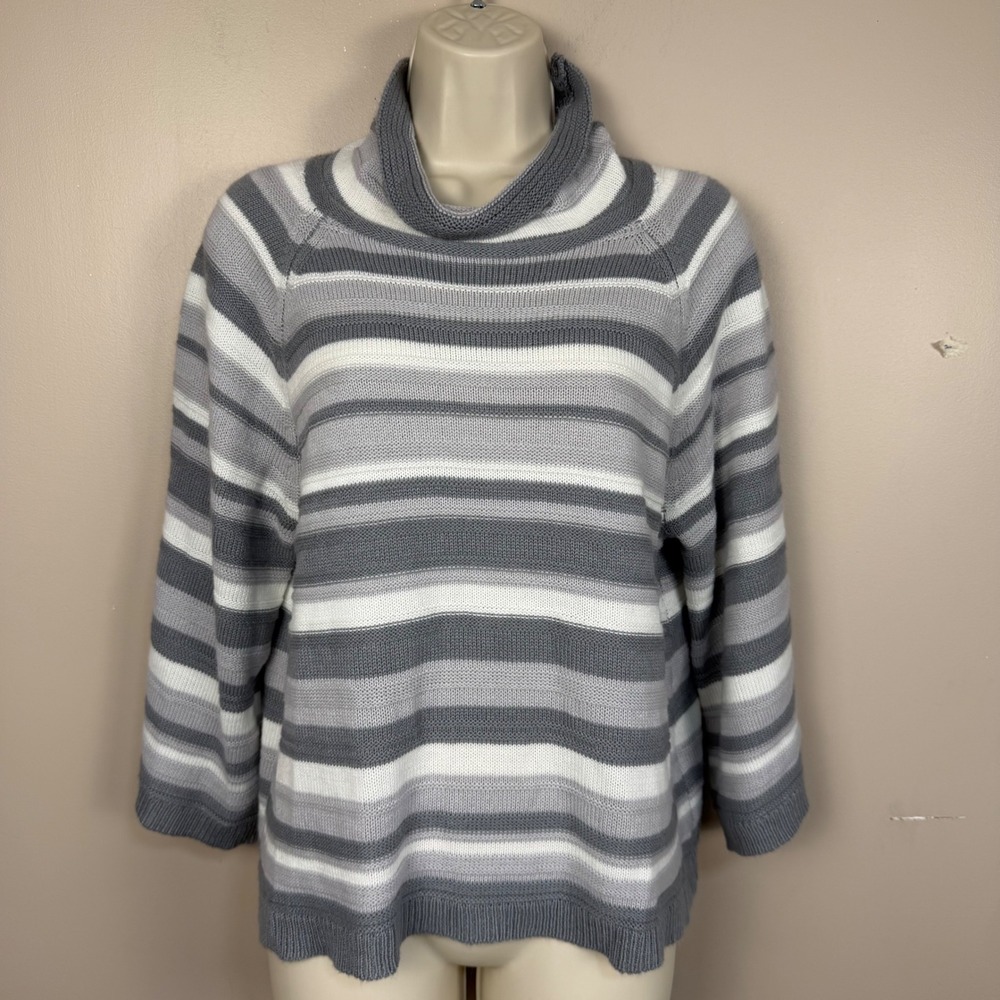 Ruby Rd Petite Striped Cowl Neck Sweater Grey White 3/4 Sleeve PM